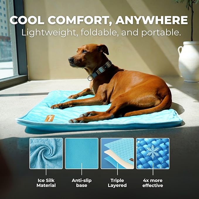 Pelsbarn Dog Cooling Mat- Ice Silk Summer Comfort, Self Cooling, Non-Slip Dog Pad, Durable & Washable, Mat for Large Dogs 25" x 37", Support Shelter Dogs with Every Purchase (Blue)