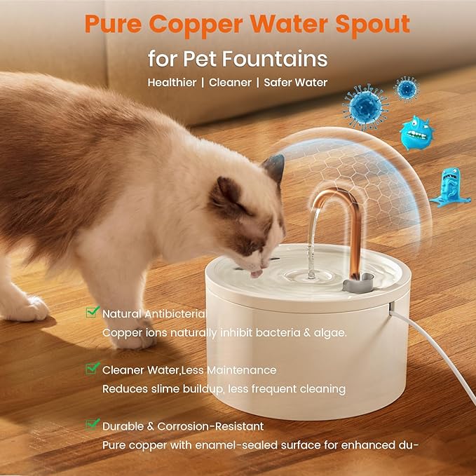Ceramic Cat Water Fountain - 2.1L/71oz - All-Ceramic Body & Pure Copper Water Spout - Non-Toxic - Automatic Pet Drinking Fountain Indoor with Ultra-Quiet Pump, and 3Pcs Filter & Sponge (White)