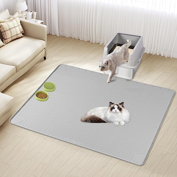 Cat Litter Mat, XL Extra Large 40" x 40" Silicone Mat Litter Trapping Mat for Scatter Control, Soft on Kitty Paws, Easy to Clean (Light Grey)