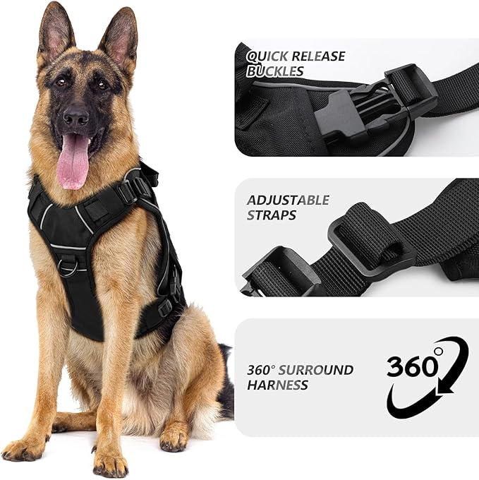 WINGOIN Tactical Dog Harness for Extra Large Dogs, Heavy Duty No Pull Dog Harness with Handle, Adjustable Reflective Military K9 Big Dog Vest for Great Dane, Walking, Training, Hunting, Black (XXL)