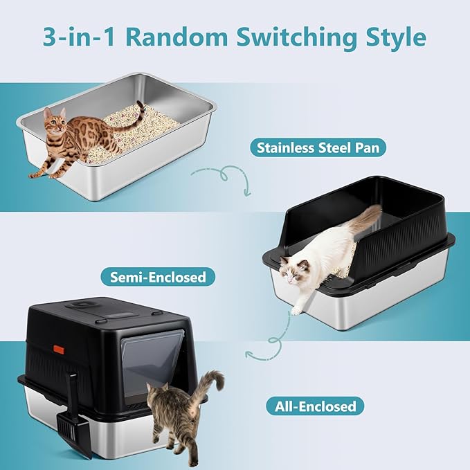 Stainless Steel Litter Box,XXL Enclosed High Sided Litter Box with Scoop for Big Cats, Non-Sticky, Anti-Leakage, Odor Control, Easy Clean (Black)