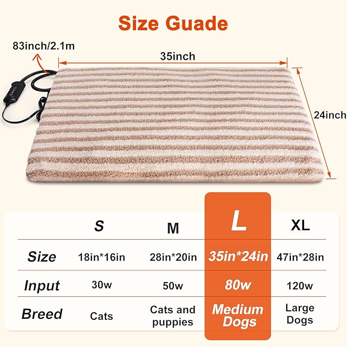 Large Pet Heating Pad, Waterproof Heated Dog Cat Bed with 11 Adjustable Temperatures & 24H Timer, Auto Shut-Off, Chew-Resistant Cord, Washable Cover, Indoor Electric Heating Mat, Beige, L(35" x 24")