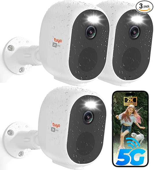 Rraycom 3Pack Tuya Smart Camera,5G&2.4G Security Cameras Wireless Outdoor with Motion Detection,2K Color Night Vision, 2-Way Audio, Waterproof, Siren Alarm, SD/Cloud, Works w/Alexa