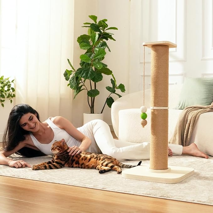 TINYBEAST Wooden Cat Scratching Post, Sturdy 35'' Tall Natural Sisal Cat Scratcher with Thick Solid Wood Base for Adult Cats Indoor, Jumbo Durable Stable Cat Scratcher Tower