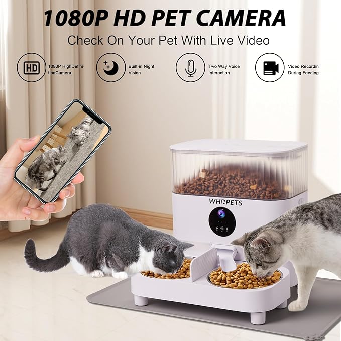 Automatic Cat Feeders, WHDPETS 5G WiFi Cat Food Dispenser with 1080P Camera for 2 Cats & Dogs, 5L Pet Feeder with Feeding Mat, APP Control, 2-Way Audio,Dual Power Supply