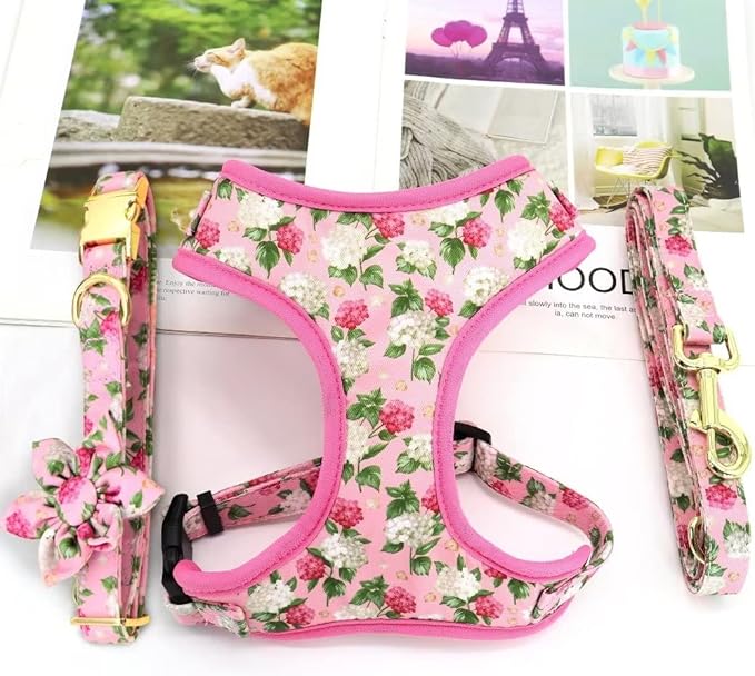 Beirui Cute Girl Dog Collars, Harnesses & Leashes Set - Adjustable Dog Collar and Leash Set with Flower - Soft Mesh Dog Vest Harness for Puppies Small Medium Dogs (Pink,M)
