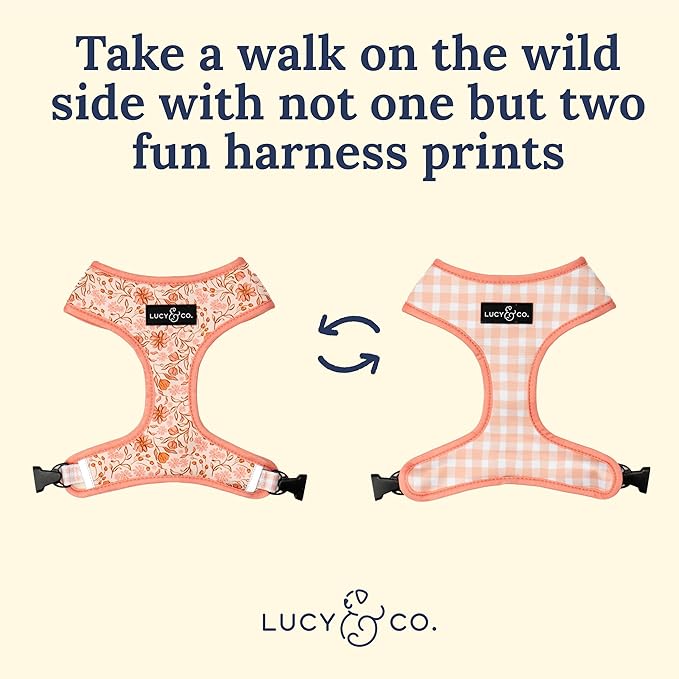Lucy & Co. Cute Reversible Dog Harness Walking Halter - Best Designer Pet Harnesses for XS - XL Dogs - Padded Adjustable Vest for Easy Walking-X-Small-Peach Pink Floral Plaid