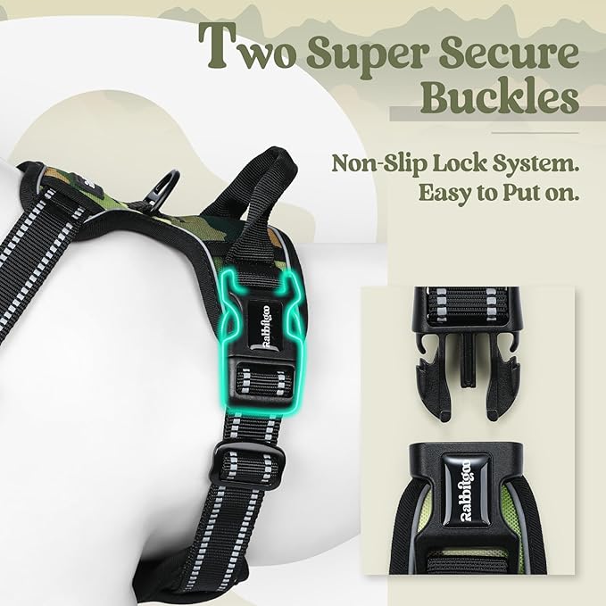 rabbitgoo Dog Harness No Pull with 2 Leash Clips, Adjustable Soft Padded, Reflective Oxford No Choke Pet Vest with Easy Control Handle for Large Dogs, Green Mountain, M