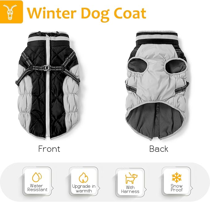 Dog Winter Coat with Harness, Dog Jacket, Pet Clothes with Zipper on Back, Waterproof Windproof Warm Vest, Reflective Cold Weather Coats, for Small Medium Large Dogs, Thick, Black, XL