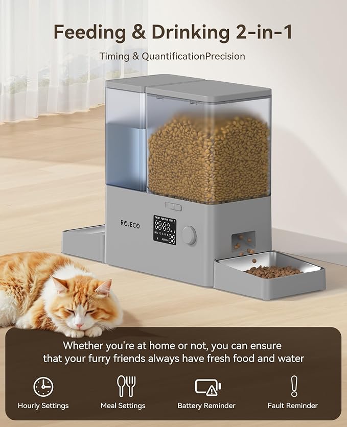 Rojeco 36Cups/8.5L Pet Automatic Cat Feeder and Gravity Water Dispenser,Stainless Steel Bowls 2-in-1 Set Large Capacity 5L Food Feeder and 3.5L Water Fountain for Cats,Pets,Small Dogs,Grey