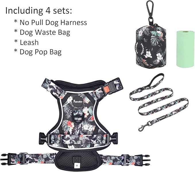 Petmolico No Pull Dog Harness Set with Leash Attachment Easy Control Handle Reflective Harness Vest Small Breed, Puppy Vest and Leash Set with Poop Bag Holder, Medium - Rainforest Flower