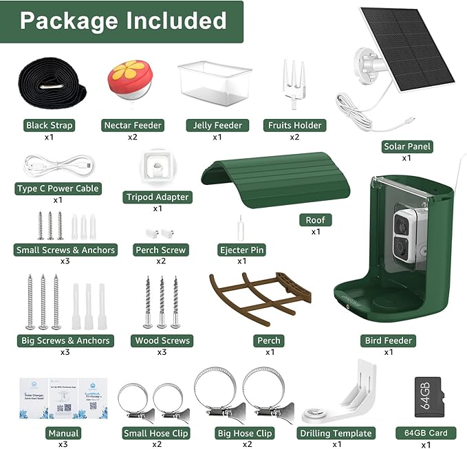 birdsnap® PAV- Smart Bird Feeder with Camera Solar Powered, 64GB Card & 2K HD Record Video Bird Camera Live with 5 DIY Add-ons, AI Identify Auto Capture, Ideal Gift for Birds Lover