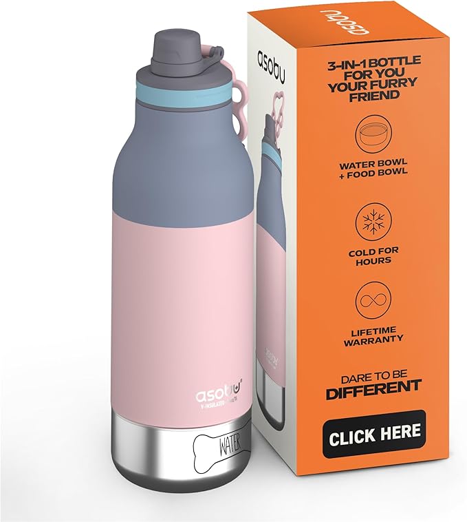 asobu Buddy Bottle a Stainless Steel Insulated Water Bottle for with Removable Dog Water Bowl and Dog Food and Treat Storage Bowl (Pastel Pink, 34 Oz)
