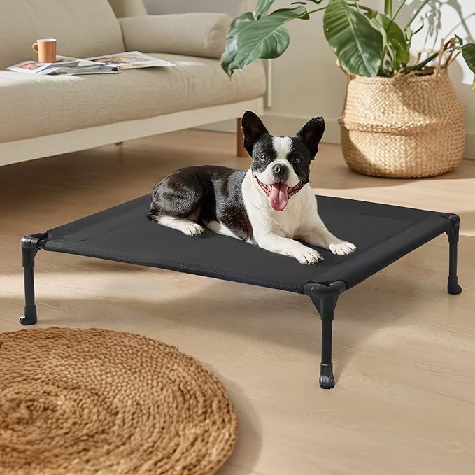Veehoo Outdoor Elevated Dog Bed for Medium Dogs, Cooling Raised Dog Cot Off Ground Hammock Pet Beds with Breathable Mesh, No-Slip Feet, 32"x25", Black