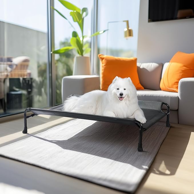 Veehoo Elevated Dog Bed, Raised Dog Cots for Medium Dogs, Waterproof Outdoor Dogs Bed, Cooling Pet Hammock with Guardrail, Upgraded Non-Slip Feet, Breathable Teslin Mesh, Black,35 x 22 inches