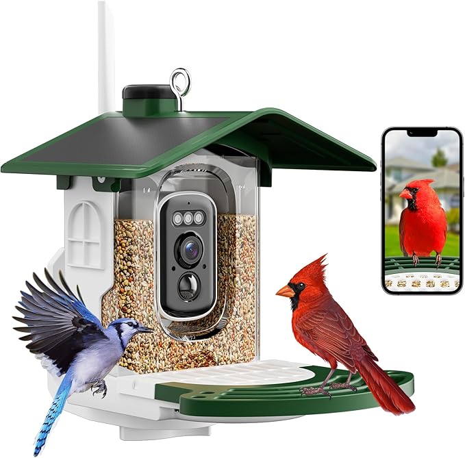 Smart Bird Feeder with Camera Solar Powered - AI Bird Identification, 2.4Ghz WiFi, 2K HD Video Live Stream Camera, 3MP Photos, 2.9in Focus, Gifts for Mom Dad Birdlovers, Green