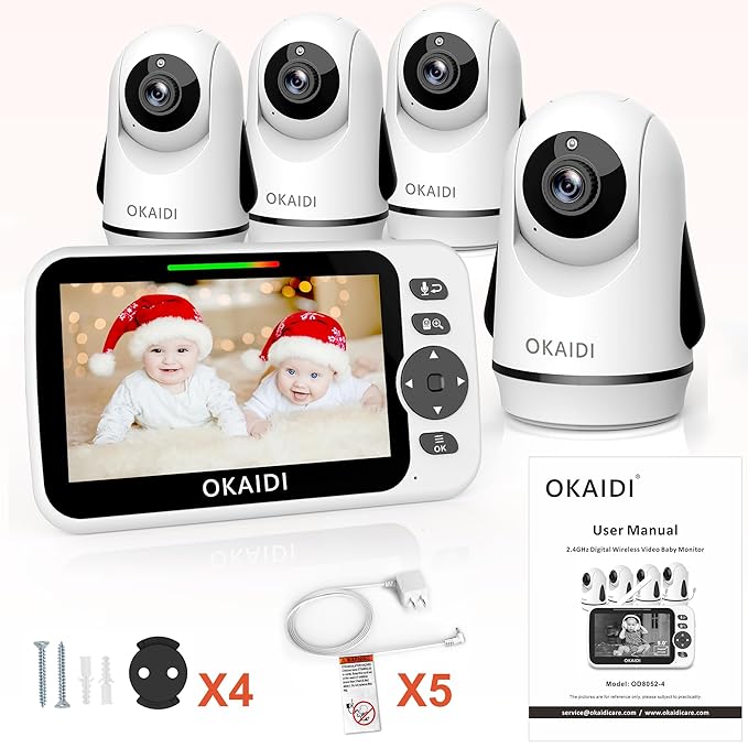 OKAIDI Video Baby Monitor with 4 Cameras, 5" Display Baby Monitor No WiFi, 30H Battery and 1000ft Range, 2-Way Talk, 8 Lullabies, Remote Pan-Tilt-Zoom Baby Camera for Baby Pet Elderly