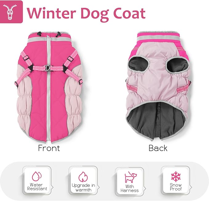 Dog Winter Coat with Harness, Dog Jacket, Pet Clothes with Zipper on Back, Waterproof Windproof Warm Vest, Reflective Cold Weather Coats, for Small Medium Large Dogs, Thick, Pink, M