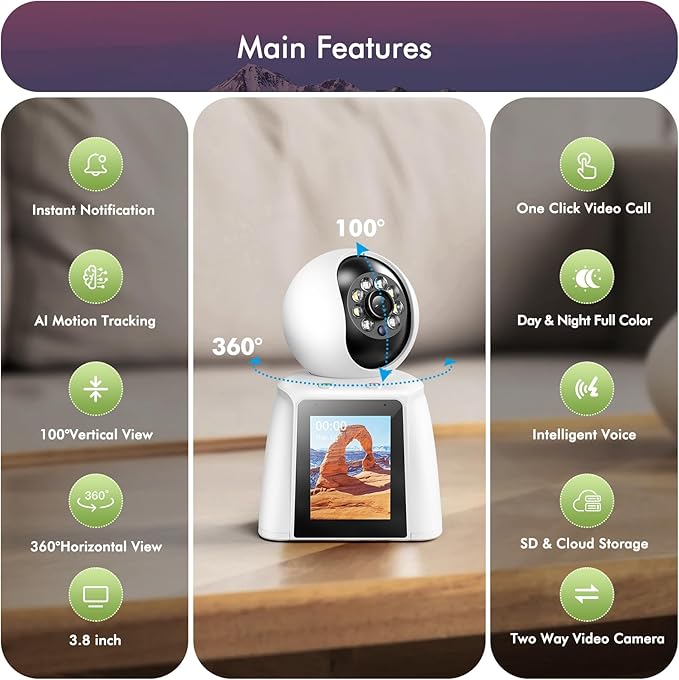 Home Two Way Audio & Video Camera, 2.8" Indoor 2K Cameras for Baby & Elderly Care, Pet/Dog/Cat Cam, AI Siren Security, Night Vision, Phone App, 2.4Ghz WiFi
