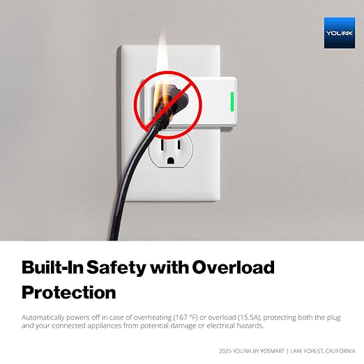 YoLink Smart Energy Plug 15A – 1/4 Mile LoRa Range, High-Power Devices with Cycle Schedule, Real-Time Energy Monitoring, Overload Protection, Alerts, Alexa, Google, IFTTT, HA, Hub Required YS6614