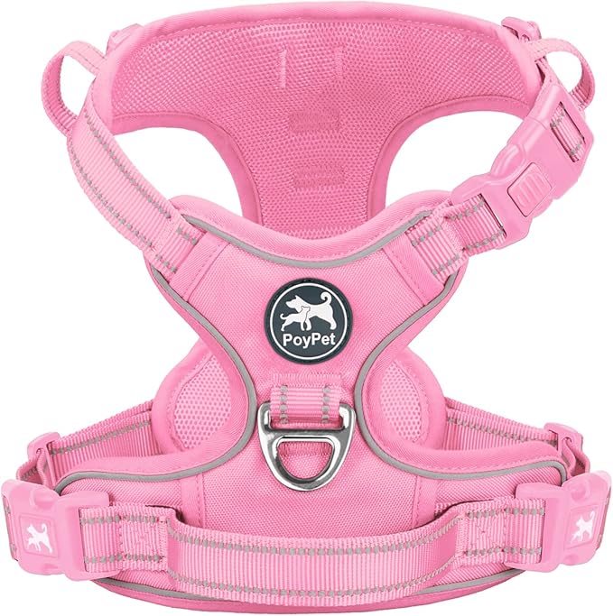 PoyPet No Pull Dog Harness, No Choke Reflective Dog Vest, Adjustable Pet Harnesses with Easy Control Padded Handle for Small Medium Large Dogs(Light Pink Matching Trim,XL)