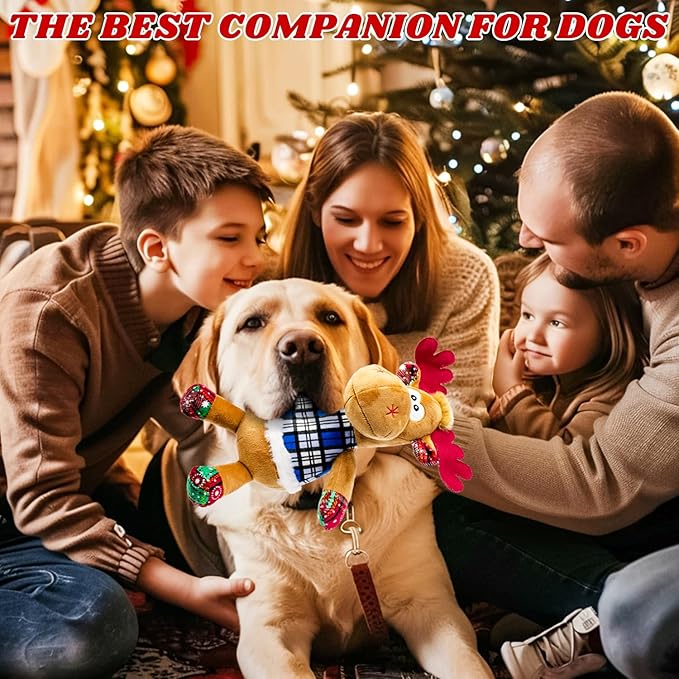 Dog Toys Squeaky Interactive Puppy Teething Chew Toy with Crinkle Sound Paper Tail Stuffed PP Cotton,Keep Them Busy, Large Medium Small Breeds Indoor Play, Christmas Deer