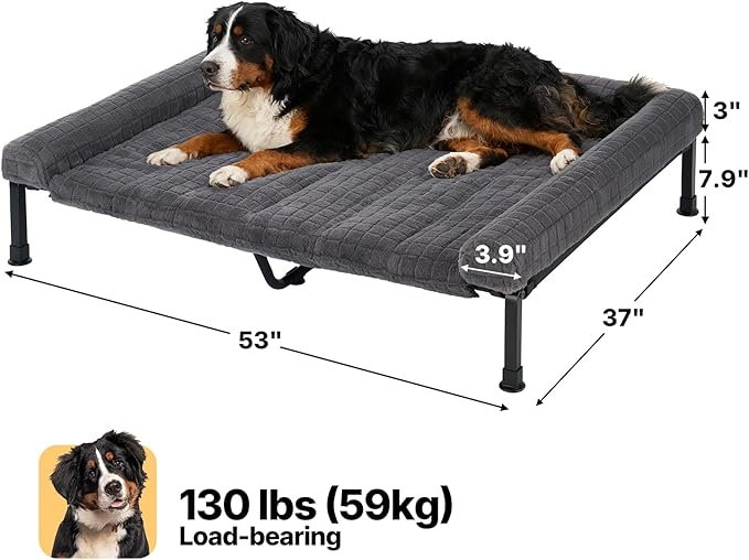 Veehoo Elevated Dog Bed Large Sized with Fluffy Plush Bolster Cushion, Washable Orthopedic Dog Couch Bed, Cooling Raised Pet Cot with Removable Mat, Breathable Mesh, No-Slip Feet, 53 x 37 inches, Grey