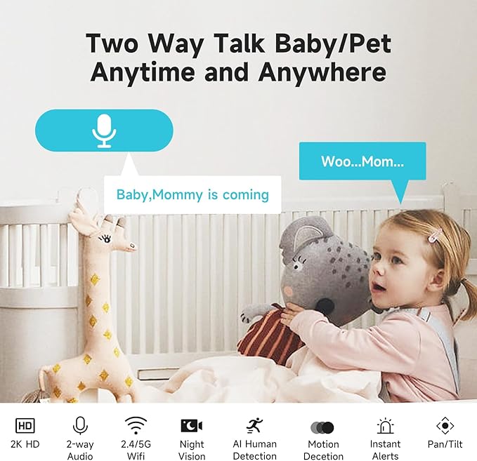 2K Baby Monitor with Phone App, 360° Pan-Tilt Indoor Camera for Home Security, AI Human/Pet Detection, Night Vision, 2-Way Talk, WiFi 2.4G/5G, SD/Cloud Storage, Compatible with Alexa