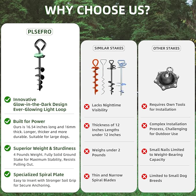 Dog Tie Out Stake for Outdoor Adventures - Glow in The Dark, Heavy Duty - for Large Dogs Up to 210 lbs, Rust-Proof, Durable - Portable for Camping, Beach, or Yard - Compatible with Any Leash