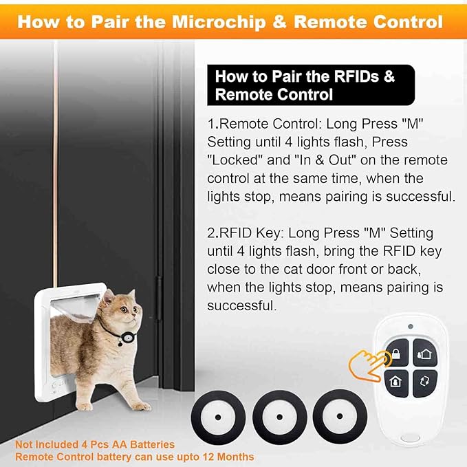 Smart Cat Door with 3 Collar Sensor, RFID Cat Door Collar Activated with Remote Control, 4 Way Locking Cat Flap Automatic Pet Door