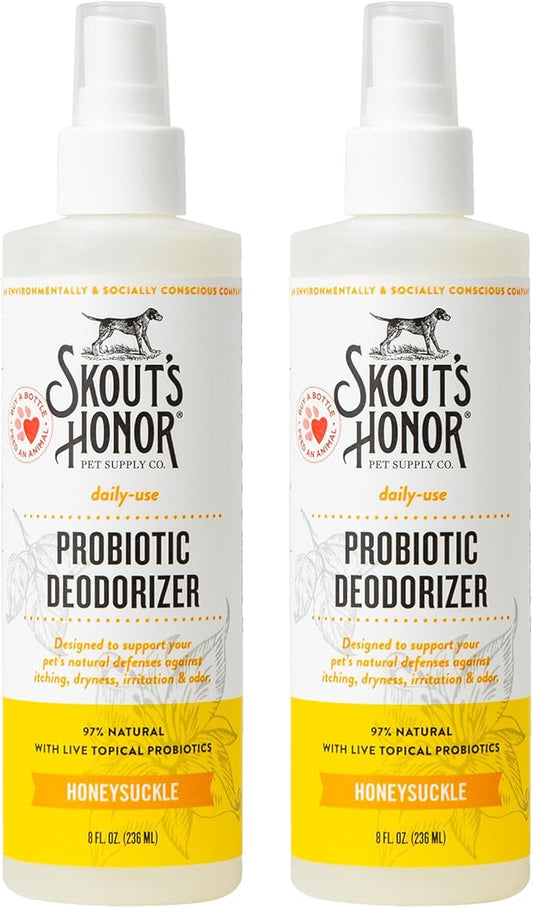 SKOUT'S HONOR Probiotic Pet Deodorizer Spray- Hydrating Daily-Use with Avocado Oil & Omega-3s, Microbiome Friendly Certiified, Paraben & Sulfate-Free, 97% Natural, 8oz, Honeysuckle, 2-Pack