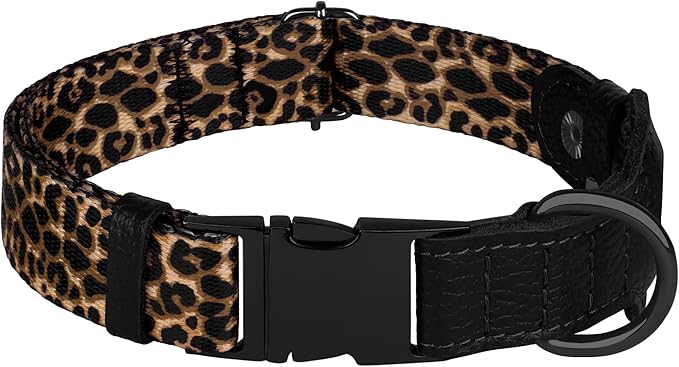 AirTag Dog Collar for Small Medium Large Breed - Adjustable Cute Pattern Dog Collar with Airtag Holder - Soft Leather Tracker GPS Apple Air Tag Pet Collars (Large, 17"-21" Neck Fit, Leopard)