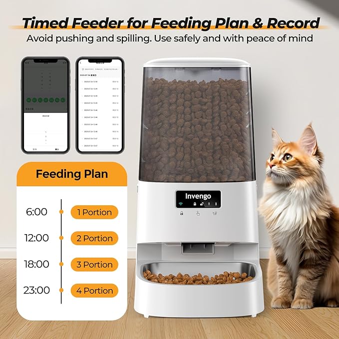 Cat Feeder Automatic - Cat Food Dispenser MeowServe S20, Auto Dog Feeder with Stainless Steel Bowl, 5L Pet Feeder with Patented Anti-Jam Port, App, Dual Lock Lid, Dual-Band WiFi & Power, White