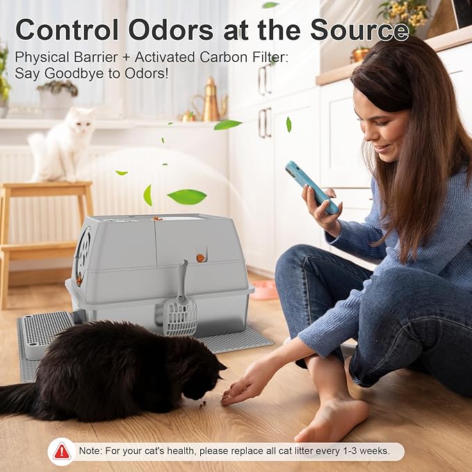 Stainless Steel Litter Box with Lid, XL Extra Large Litter Box, Enclosed Top Entry Metal Litterbox for Big Cats, Easy Cleaning, Less Leakage & High Sided with Mat, Aisle & Scoop, Light Grey