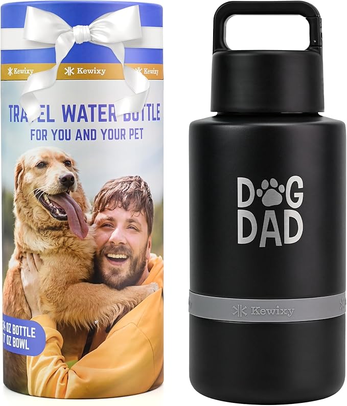 Dog Dad Gift, Insulated Dog Water Bottle with Travel Bowl, for DogLover, Portable Water Bottle Dispenser, Accessories for Car, Hiking, Camping, Outdoor, Leak-Proof, Detachable (DogDad-Black)