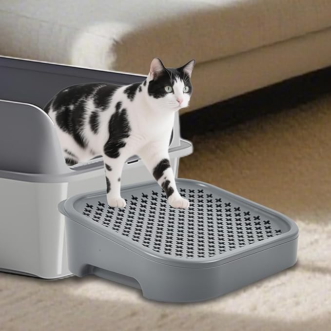 SpaceTime Elevated Cat Litter Mat for Litter Box,Trapping Litter Ramp/Steps for Floor Indoor,Washable Easy Cleaning Cat Pad with Filter Function,Suitable for Kitty & Senior Cats (Deep Grey)