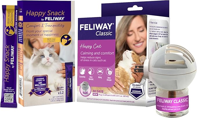 FELIWAY Classic 30 Day Cat Calming Pheromone Diffuser Kit & Happy Snack Delicious Calming cat Treats (12-ct Chicken Flavor)