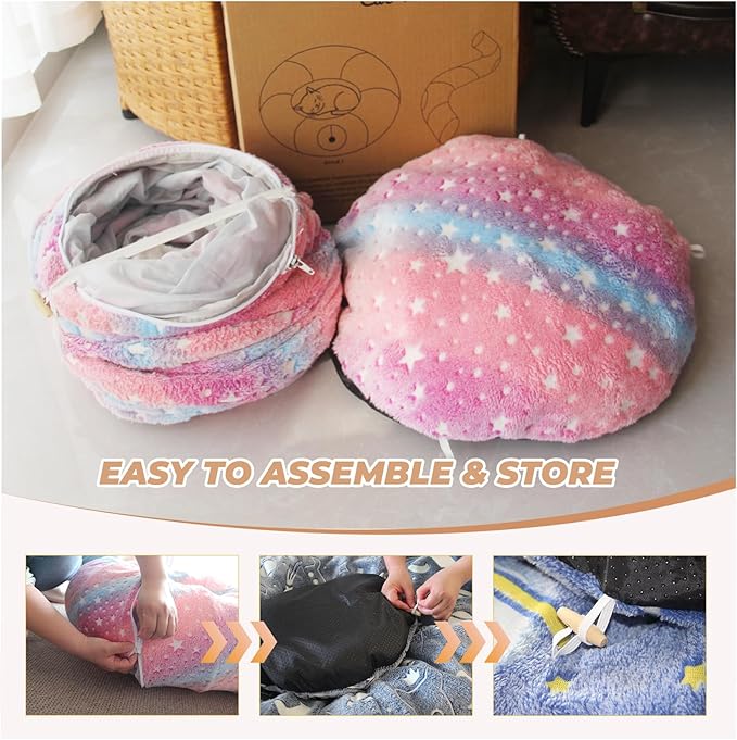 Under Christmas Tree Large Cat Tunnels Bed Tube for Indoor Cats Glows in The Dark Cat Tunnel with Cushion and Plush Ball Toy Longer Playground Toys for Dog Puppy Kitten Rabbit Pet Rainbow