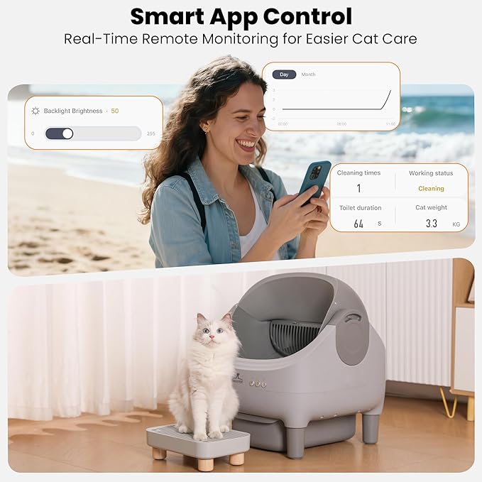 Upgraded Automatic Litter Box Self Cleaning, with Raised Step, Odor Control & Safety Protection & Smart App Control Health Monitoring & Quiet Operation, Open Top Large Capacity for Multiple Cats