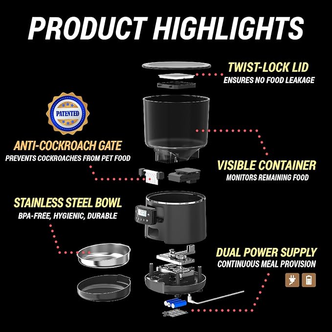 Automatic Dog Feeder Timed Food Dispenser for Dog Pet | Patented Anti-Cockroach Design Easy Clean