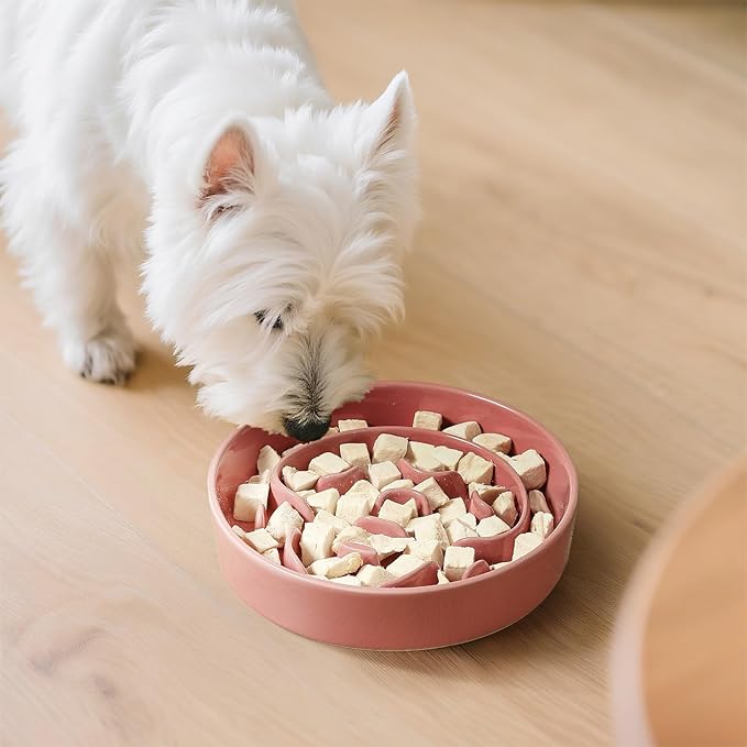 Ceramic Dog Slow Feeder Bowl - Small Dog Food Dish with Maze Puzzle Design - Slow Eating Puzzle Feeder for Pet Feed & Food Control - Whisker-Friendly Bowl for Cat Feeding - 6.3 Inch - 180 g - Pink