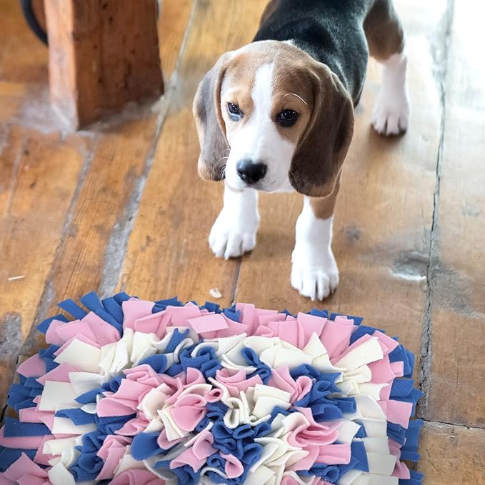 Pet Snuffle Mat for Dogs, Dog Feeding Mat, Nosework Training Mats for Foraging Instinct Interactive Puzzle Toys (Blue&Pink&White)