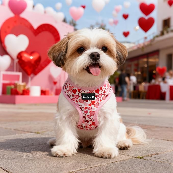 SCENEREAL Valentine's Day No Pull Dog Harness Collar Leash Set for Small Sized Dogs, Soft Mesh Step in Plaid Harnesses for Fall Winter, Adjustable Pet Vest for Outdoor Walking Training and Running, XS