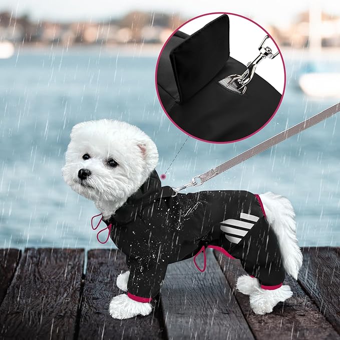 Dog Raincoat, Waterproof Dog Rain Jacket with Hood, Rain Coat with Leash Hole, Reflective Strap for Small Medium Dogs, Lightweight Puppy Clothes(Black,L)