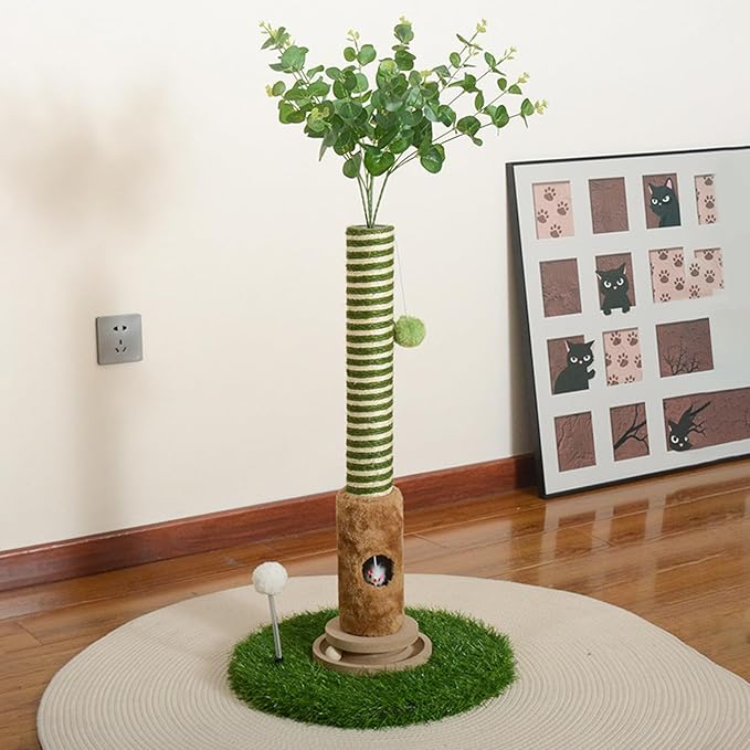 Cat Scratching Post, 35-inch Tall Cat Tree Tower - Premium Sisal Rope with Interactive Track Ball, Hand-Cranked Bell & Realistic Mouse Hole | Perfect for Kittens & Adult Indoor Cats