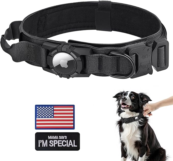 Upgraded Airtag Dog Collar Waterproof, Adjustable GPS Training Nylon Dog Collar with AirTag Holder, Control Handle and Quick-Release Buckle for Medium and Large Dogs (Black, L)