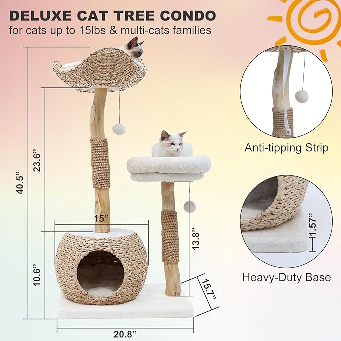 Cat Tree Tower for Indoor Cats, Modern Real Wood Cat Condo with Scratching Post, Jumping Platforms, Hanging Toy Ball for Multi-Cat Households