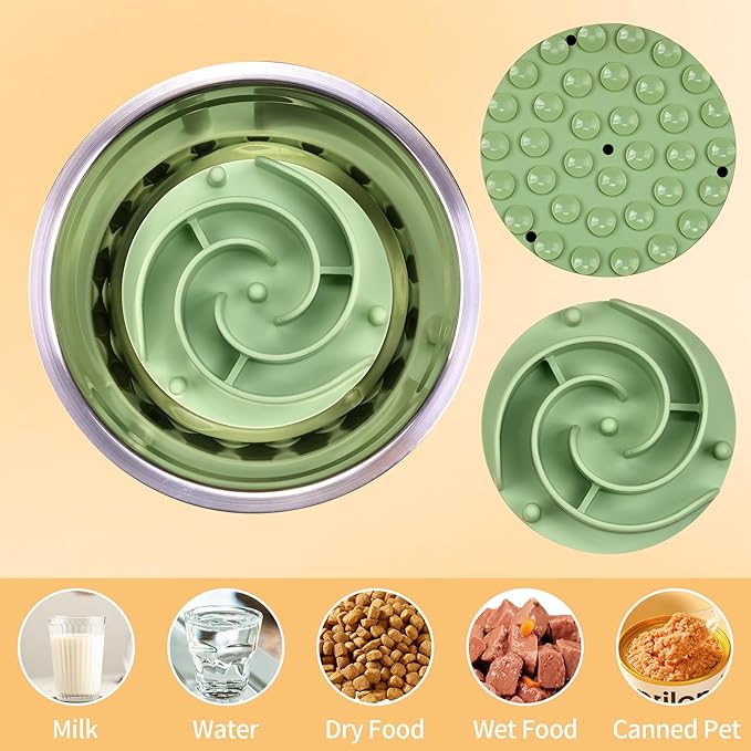 Slow Feeder Dog Bowls Insert, Bestalk Soft Silicone Slow Eating Feeder Insert with Suction Cups for Small, Medium and Large Dogs, Fit into Basic and Elevated Dog Bowls, Green