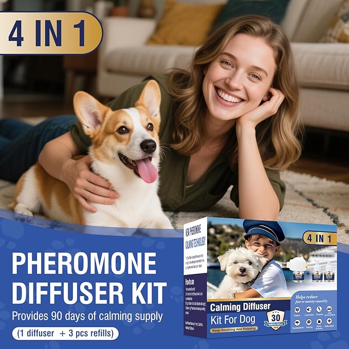 Dog Pheromone Calming Diffuser 4 In 1 Appeasing Pet Pheromones Diffuser to Calm Kit (Plug in+ 3 Pack 48ml Refill) for Anxiety Relief Reduce Barking Aggression Fighting Stress 90 Day Supply(Tasteless)