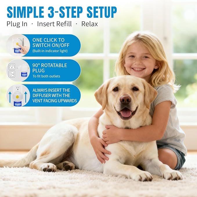 Dog Calming Diffuser with Pheromones for Anxiety Relief, Reduces Barking & Stress, Natural Formula, Safe for Puppies & Adult Dogs, 60 Day Long Lasting 1 Diffuser 2 Refill
